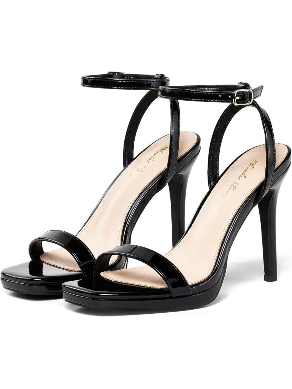 Women’s Black Stilettos Heeled Sandals Open Square Toe Heels 4.3 Inch Open Toe